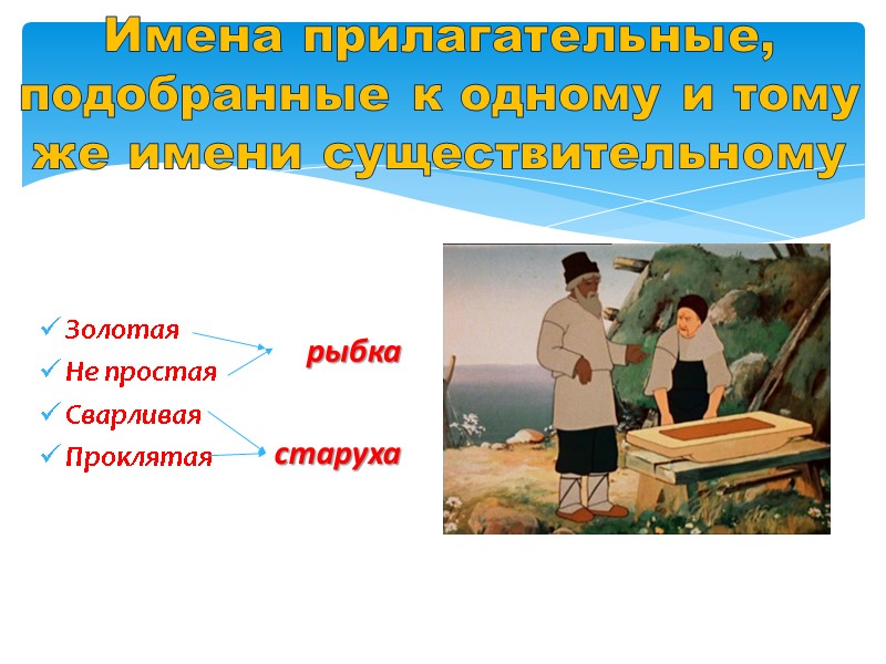 Имена прилагательные, подобранные к одному и тому же имени существительному Золотая Не простая Сварливая